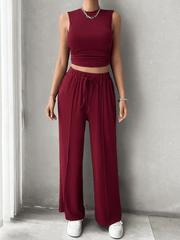 casual round neck sleeveless top and trousers two-piece set