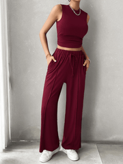 casual round neck sleeveless top and trousers two-piece set