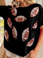 Casual Summer Sequined Rugby Round Neck Pullover T-Shirt Short Sleeve Top