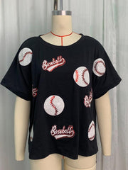 English letters sequin embroidered knitted pullover short-sleeved top