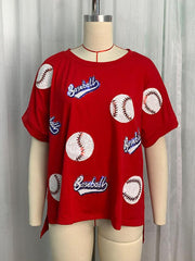 English letters sequin embroidered knitted pullover short-sleeved top