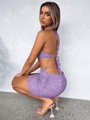 style halterneck backless vest hip-covering knitted skirt set - 808Lush