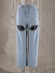 Women blue ripped straight jeans