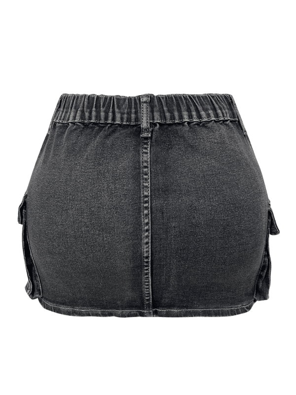 denim women's Shorts retro elastic tight workwear pocket hip - 808Lush