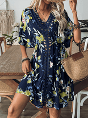 printed beach dress hand hook beaded stitching hollow dress - 808Lush