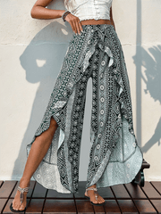 printed ruffled wide-leg trousers with slits