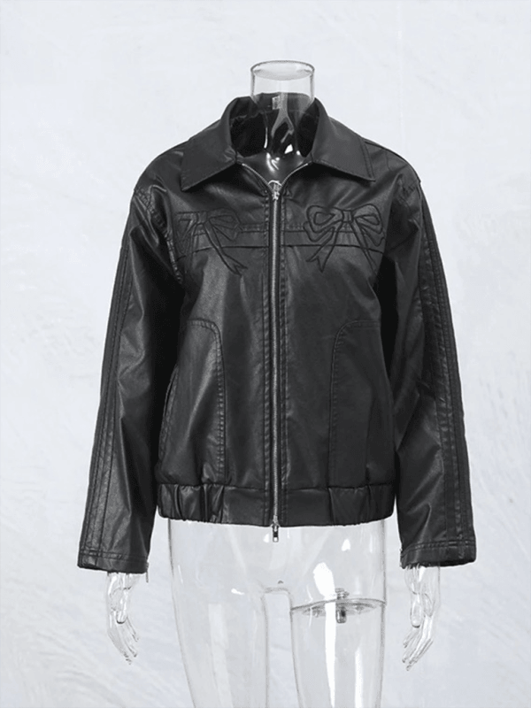 Black Bow Zipper Leather Jacket