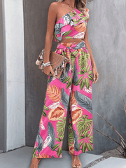 style off-shoulder short print wide-leg pants two-piece set