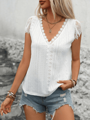 lace splicing short-sleeved T-shirt V-neck casual top