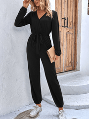 Women's V-neck Long Sleeve Jumpsuit High Waist Lace-up Jumpsuit