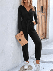 Women's V-neck Long Sleeve Jumpsuit High Waist Lace-up Jumpsuit