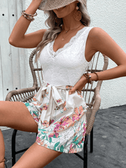 Lace Sleeveless Splicing Printed Jumpsuit Shorts
