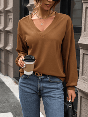 women's waffle v-neck long-sleeved T-shirt
