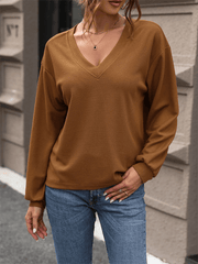 women's waffle v-neck long-sleeved T-shirt