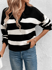 women's loose tops black and white striped lapel sweaters