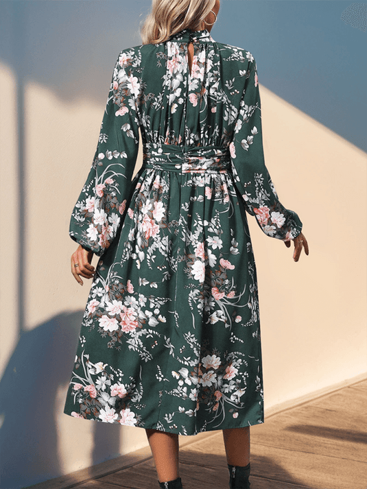floral print elegant high waist long sleeve midi dress