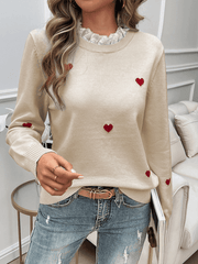 Women's Casual Embroidered Love Heart Long Sleeve Sweater