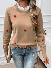 Women's Casual Embroidered Love Heart Long Sleeve Sweater