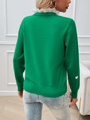 Women's Casual Embroidered Love Heart Long Sleeve Sweater