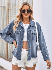 Washed Beaded Long Sleeve Casual Denim Jacket Top