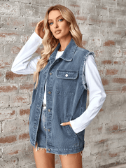 Ladies washed denim loose vest waistcoat cardigan