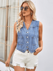 Ladies washed slim collarless denim short vest