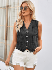 Ladies washed slim collarless denim short vest