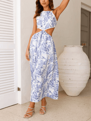 Lace-up floral print midi dress