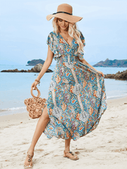 V-neck open back rayon printed ruffled slit dress