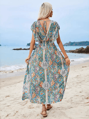V-neck open back rayon printed ruffled slit dress
