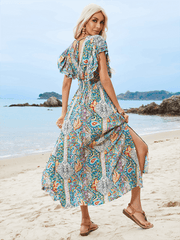 V-neck open back rayon printed ruffled slit dress
