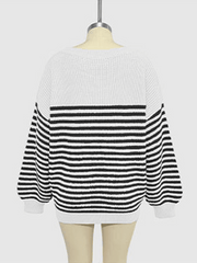 Fashion striped color block knitted long sleeve round neck sweater