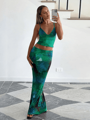 Fashion Print Sexy V-Neck Vest Slim Skirt Set