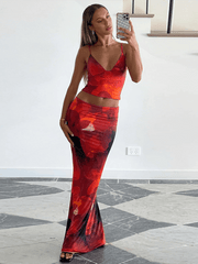 Fashion Print Sexy V-Neck Vest Slim Skirt Set