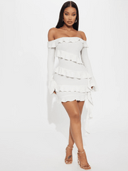 One-shoulder ruffled trumpet sleeve ribbon dress