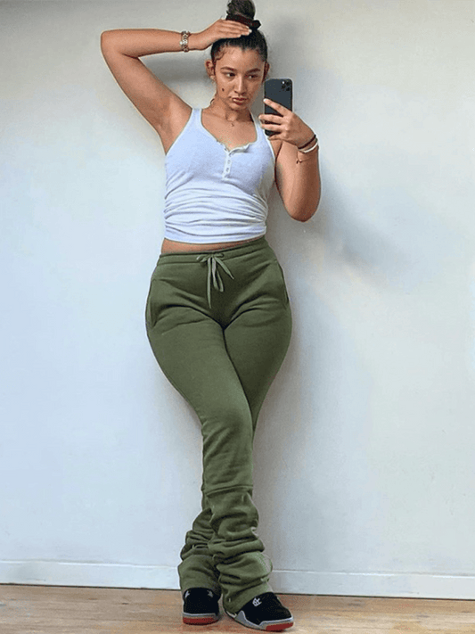 Women's Solid Color High Waisted Shrink Pleat Drawstring Casual Stacked Pants