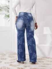 Butterfly Printed High Waisted Straight Leg Denim Trousers