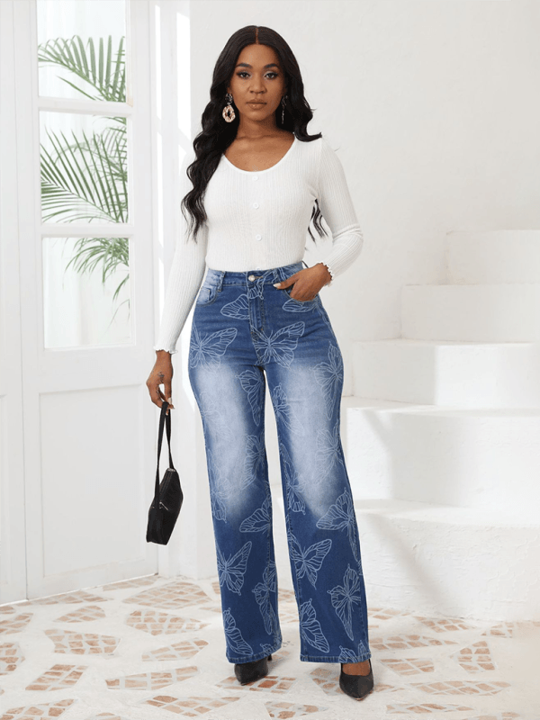 Butterfly Printed High Waisted Straight Leg Denim Trousers