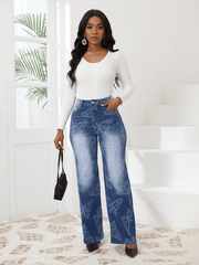 Butterfly Printed High Waisted Straight Leg Denim Trousers
