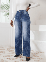 Butterfly Printed High Waisted Straight Leg Denim Trousers