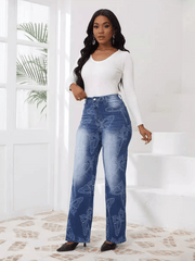 Butterfly Printed High Waisted Straight Leg Denim Trousers