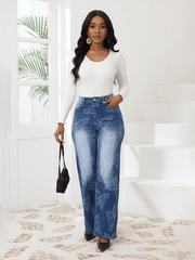 Butterfly Printed High Waisted Straight Leg Denim Trousers