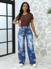 Floral Printed Wide Leg Pants Women's Jeans