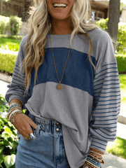 pullover round neck casual striped collision long sleeve t-shirt