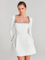 New Women's French Square Neck Diamond Long Sleeve Dress