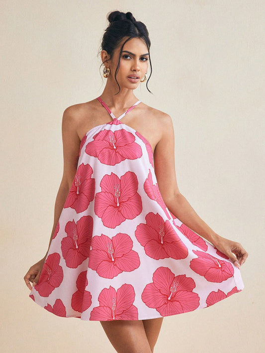 Women's sexy halter neck long swing printed short dress