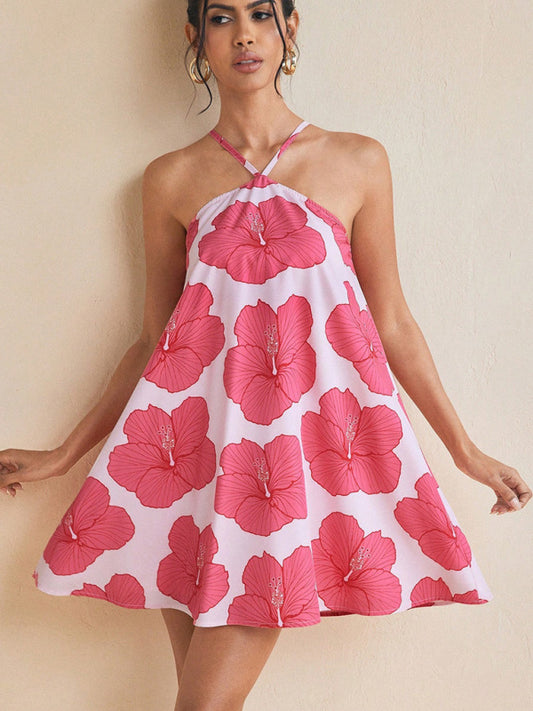 Women's sexy halter neck long swing printed short dress