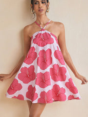 Women's sexy halter neck long swing printed short dress