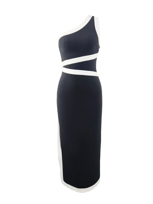 One-shoulder colorblock maxi dress with waist bandage dress for party banquet