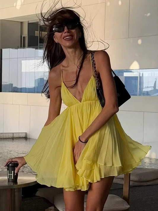 Sleeveless V-neck halter back short holiday dress